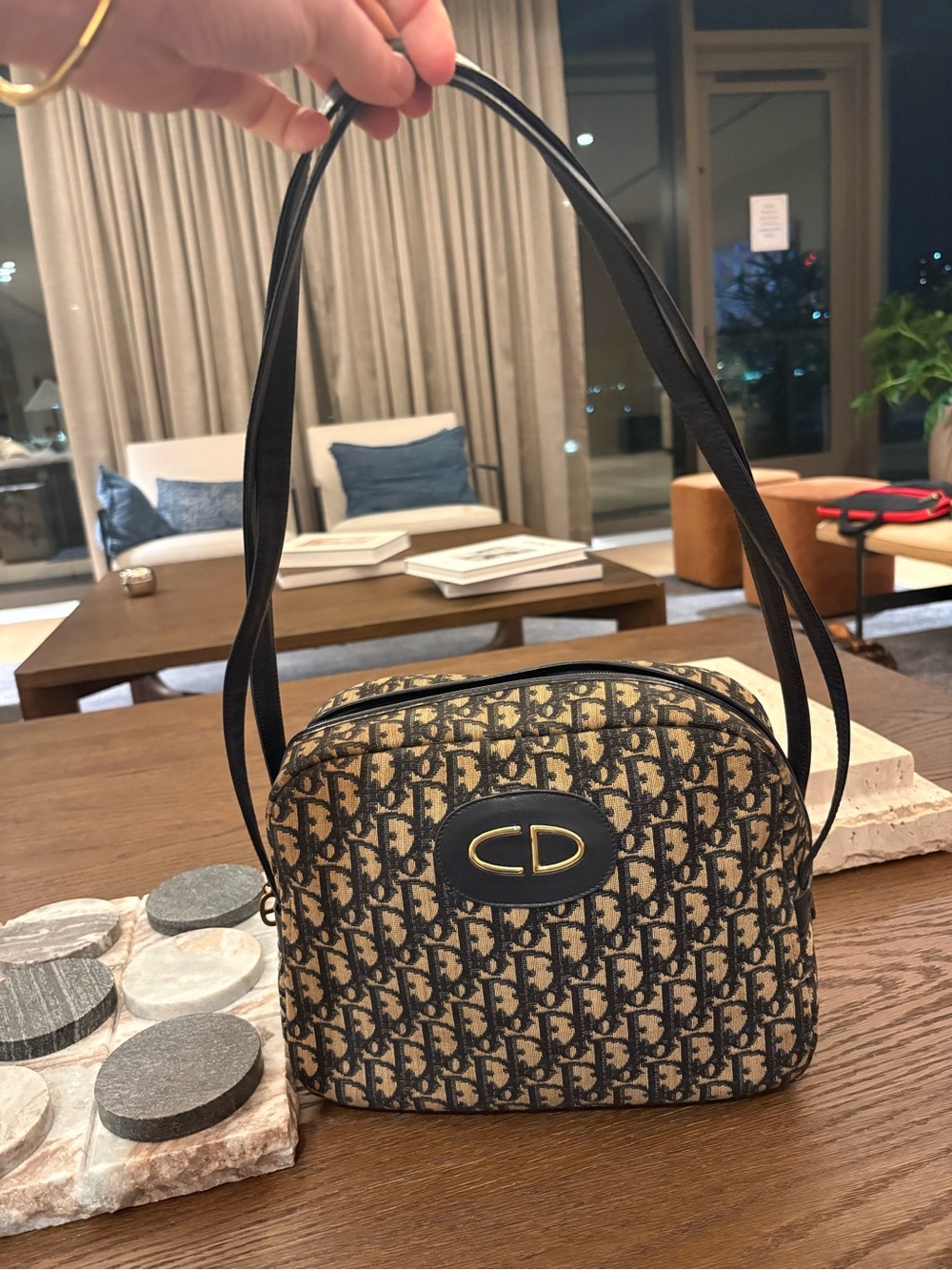 Dior Beige & Navy Oblique Crossbody Bag with CD Plaque